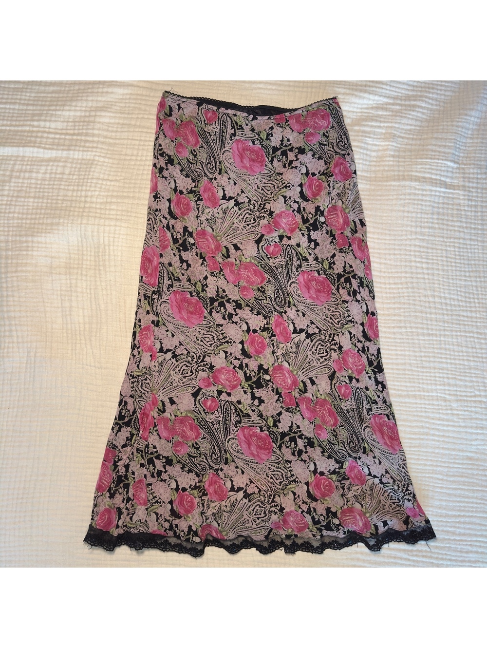 Vintage Rouge 90s Floral Paisley Maxi Midi Skirt Black Pink Rose Lace Trim Boho